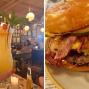 Reporter Ben Jolley with his mango tiki shake cocktail, and the lounge bacon cheeseburger.