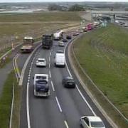 A queue on the A14 slip road and A1 approaching the Brampton Hut interchange near Huntingdon at 5.44pm