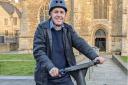 Hard hat time? Mayor Dr Nik Johnson on a visit to Peterborough trying out - for the first time- an E bike