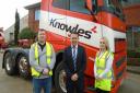 Knowles Transport operations director Mark Hubbard (m) with new driver apprentices Marc Gilder (L) and Paris Wakelen (R).