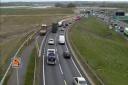 A queue on the A14 slip road and A1 approaching the Brampton Hut interchange near Huntingdon at 5.44pm