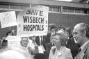 Bowthorpe Maternity Hospital protesters confront Margaret Thatcher on her arrival back at the Hudson Centre after lunch during her visit to Wisbech on March 10, 1978.