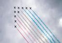 The Red Arrows perform a flypast during Armed Forces\' Day at the National Memorial Arboretum in Staffordshire on Saturday, June 26, 2021. The Red Arrows are due over Wembley ahead of the Euro 2020 Final.