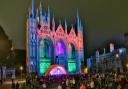 The magnificent west front of Peterborough Cathedral is lit by a new state-of-the-art LED lighting system for the first time