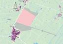 Proposed site for the Fens Reservoir north of Chatteris. Pink area shows the reservoir and embankments, grey area shows wider area needed for supporting infrastructure.