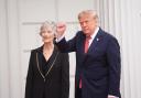 President Catherine Connolly welcomes US President Donald Trump as he arrives for a meeting at Aras an Uachtarain (James Manning/PA)