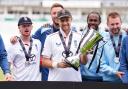 England players, including captain Joe Root, celebrate the series win over Pakistan (Mike Egerton/PA)