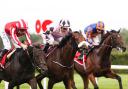 Hotazhell ridden by Shane Foley (centre) on their way to winning the Royal Bahrain Irish Champion Stakes on day one of the Irish Champions Weekend at Leopardstown Racecourse in Dublin, Ireland. Picture date: Saturday September 12, 2026.