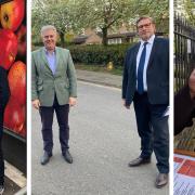 Some of the images shared by James Palmer during his campaign. With him (centre) is Brandon Lewis, the NI minister who came to Peterborough to support him.