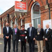 Paul Medd, Cllr Chris Seaton, Colonel Mark Knight MBE, Stephen Barclay MP, Cllr Alex Miscandlon and Alan Neville at the refurbished March railway station