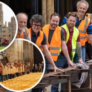 A 13-metre table that has been made from a 5,000-year-old fossilised black oak tree arrived at Ely Cathedral on May 9.