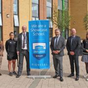 The Thomas Clarkson Academy has been awarded the 'prestigious' status of showcase school by tech giant Microsoft. From left: Students Alex Bartram and Ellie-Shae Williams with Kirstie Smith (Head of Social Sciences and MIEE), Matt Dobbing (Senior Vice