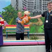 Dr David Staples presents the three millionth bear to Jackie James. From left: Mark Constant, Jo Bennis, Jackie James, Dr Staples and Arthur Briggs.