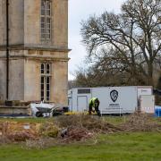 Warner Bros film crews on site at Burghley House on the Cambridgeshire/Lincolnshire border. It is the possible set for The Flash (released 2022).