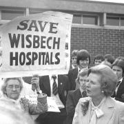 Bowthorpe Maternity Hospital protesters confront Margaret Thatcher on her arrival back at the Hudson Centre after lunch during her visit to Wisbech on March 10, 1978.