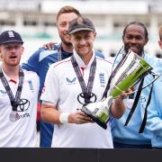 England players, including captain Joe Root, celebrate the series win over Pakistan (Mike Egerton/PA)