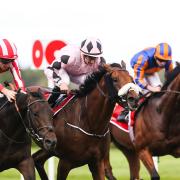 Hotazhell ridden by Shane Foley (centre) on their way to winning the Royal Bahrain Irish Champion Stakes on day one of the Irish Champions Weekend at Leopardstown Racecourse in Dublin, Ireland. Picture date: Saturday September 12, 2026.